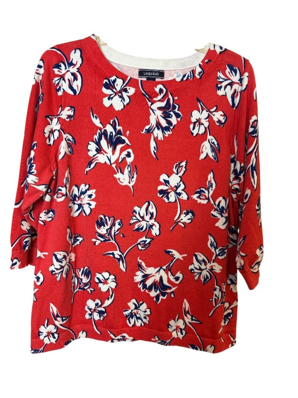 Lands End Womens Floral Red 3/4 Sleeve Knit Top 1X
